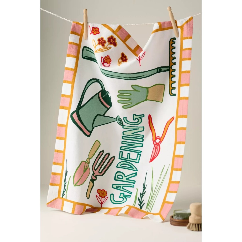 Anthropologie Amuse La Bouche Gardening Dish Towel 100% Cotton Embroidered NEW
